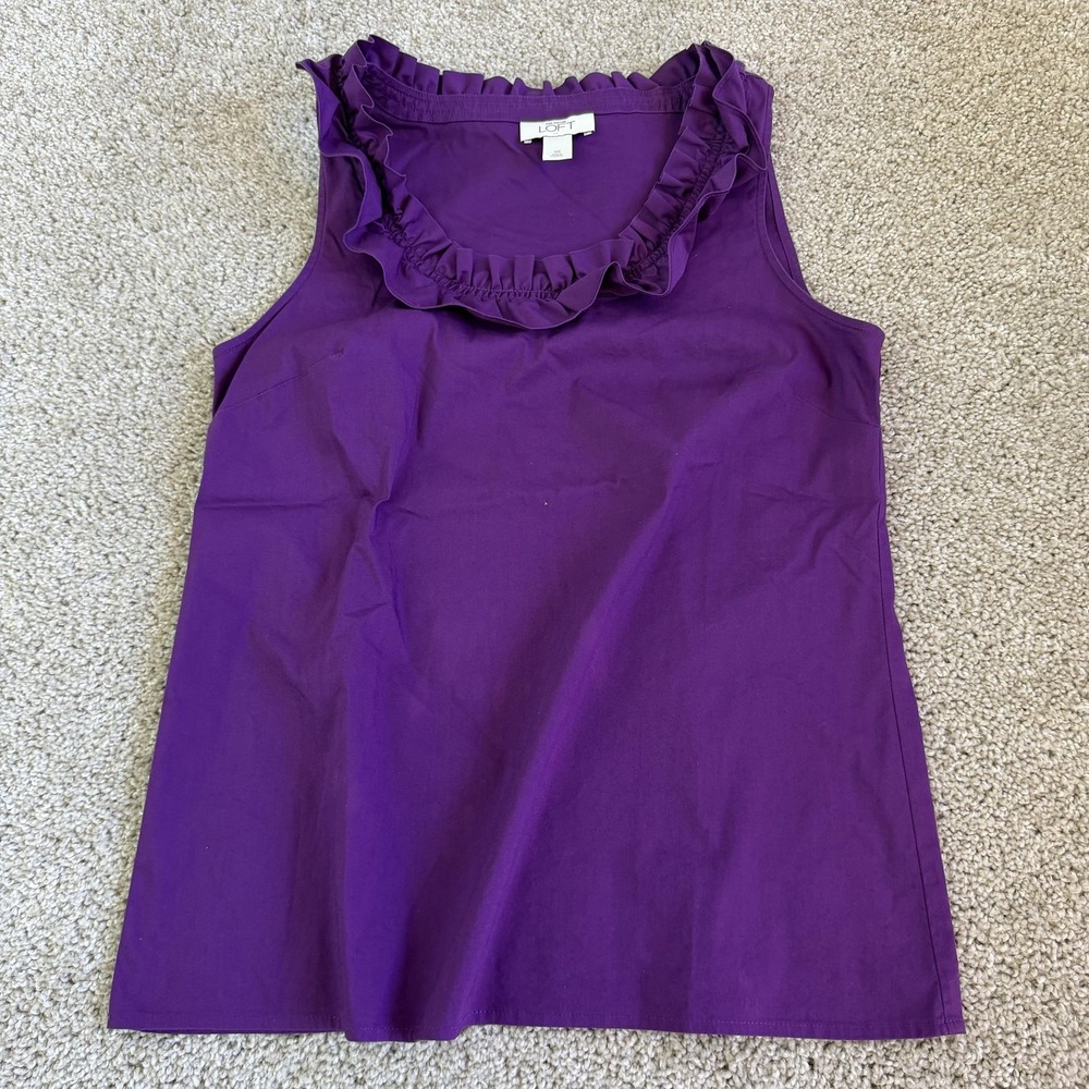 Ann Taylor LOFT Tank Top Womens XS Purple Ruffle Neck Sleeveless Stretch Basic